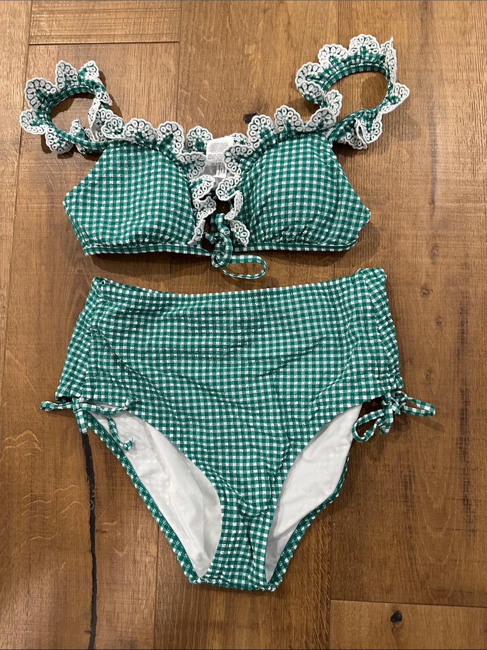 J Crew Womens Green Gingham Ruffle Two-Piece High Waisted Swim Set Size Small